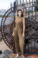 V-Neck Waist Belt Detail Lapelled Jumpsuit JUMPSUIT Gracia Fashion BROWN S 