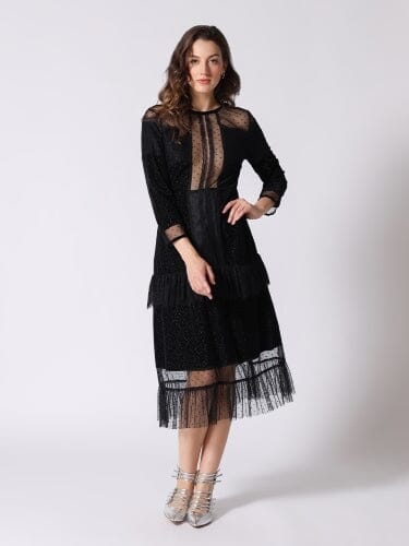 Velvet Glitter See-through Shirring Dress DRESS Gracia Fashion BLACK S 