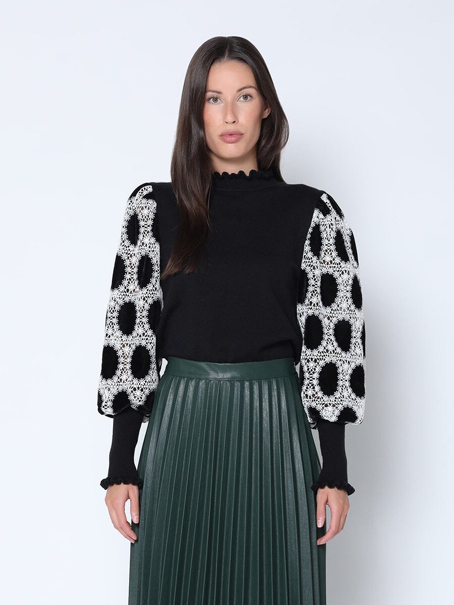 Velvet Polka Dot Bishop Sleeve Kintted Top TOP Gracia Fashion BLACK S 