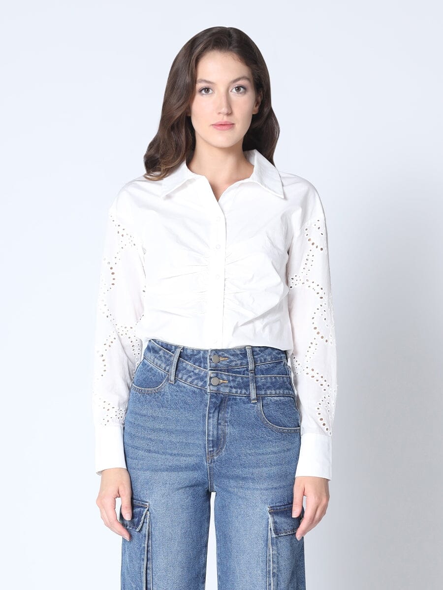 Waist Shirring Point Long Sleeve Shirt TOP Gracia Fashion WHITE S 