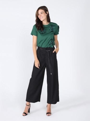 Wide Leg Dress Pants with Pleather Cord Belt PANTS Gracia Fashion BLACK S 