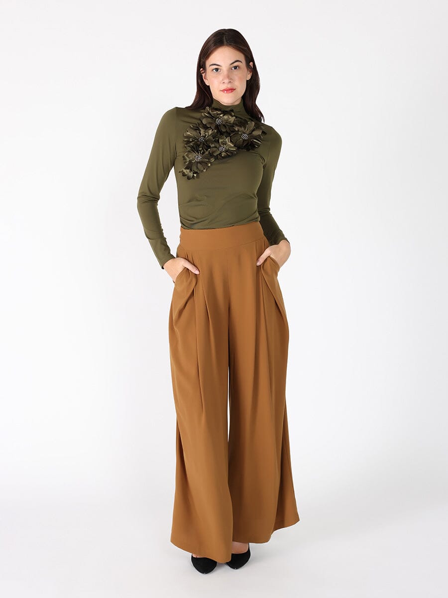 Wide Leg Solid Palazzo Flowy Pants PANTS Gracia Fashion L/BROWN S 