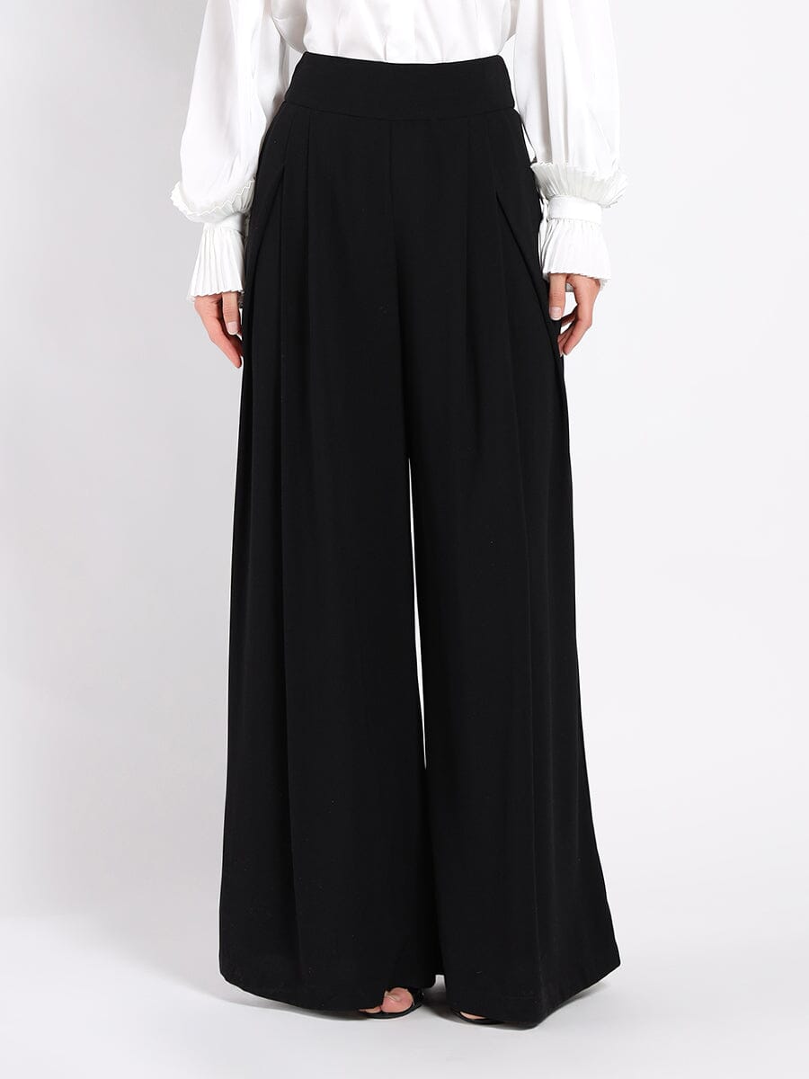 Wide Leg Solid Palazzo Flowy Pants PANTS Gracia Fashion BLACK S 