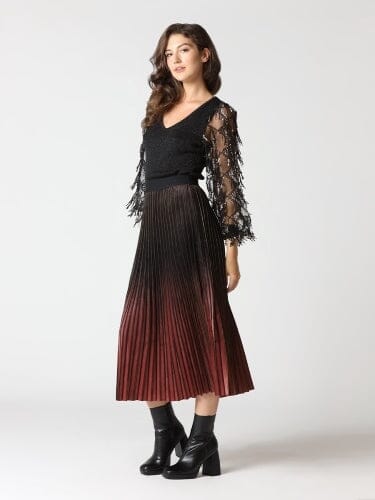 Wine Gradient Velvet Pleats Glittery Long Skirt SKIRT Gracia Fashion BURGUNDY S 