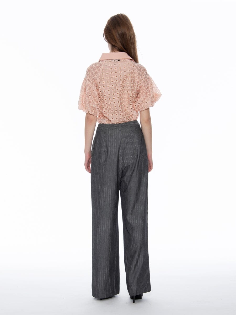 Wing Collar Circle Embroidered Puff Short Shirt TOP Gracia Fashion 