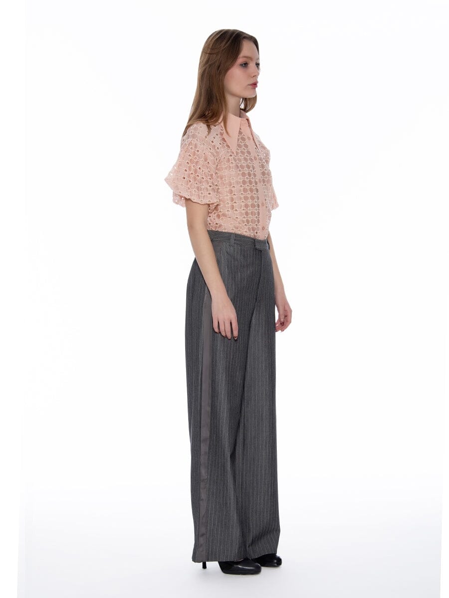 Wing Collar Circle Embroidered Puff Short Shirt TOP Gracia Fashion 