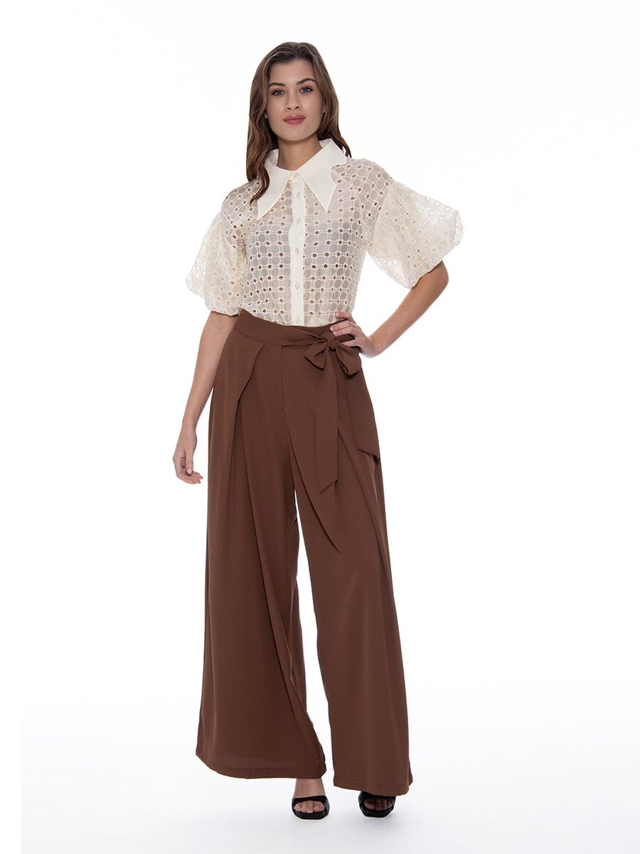 Wing Collar Circle Embroidered Puff Short Shirt TOP Gracia Fashion 