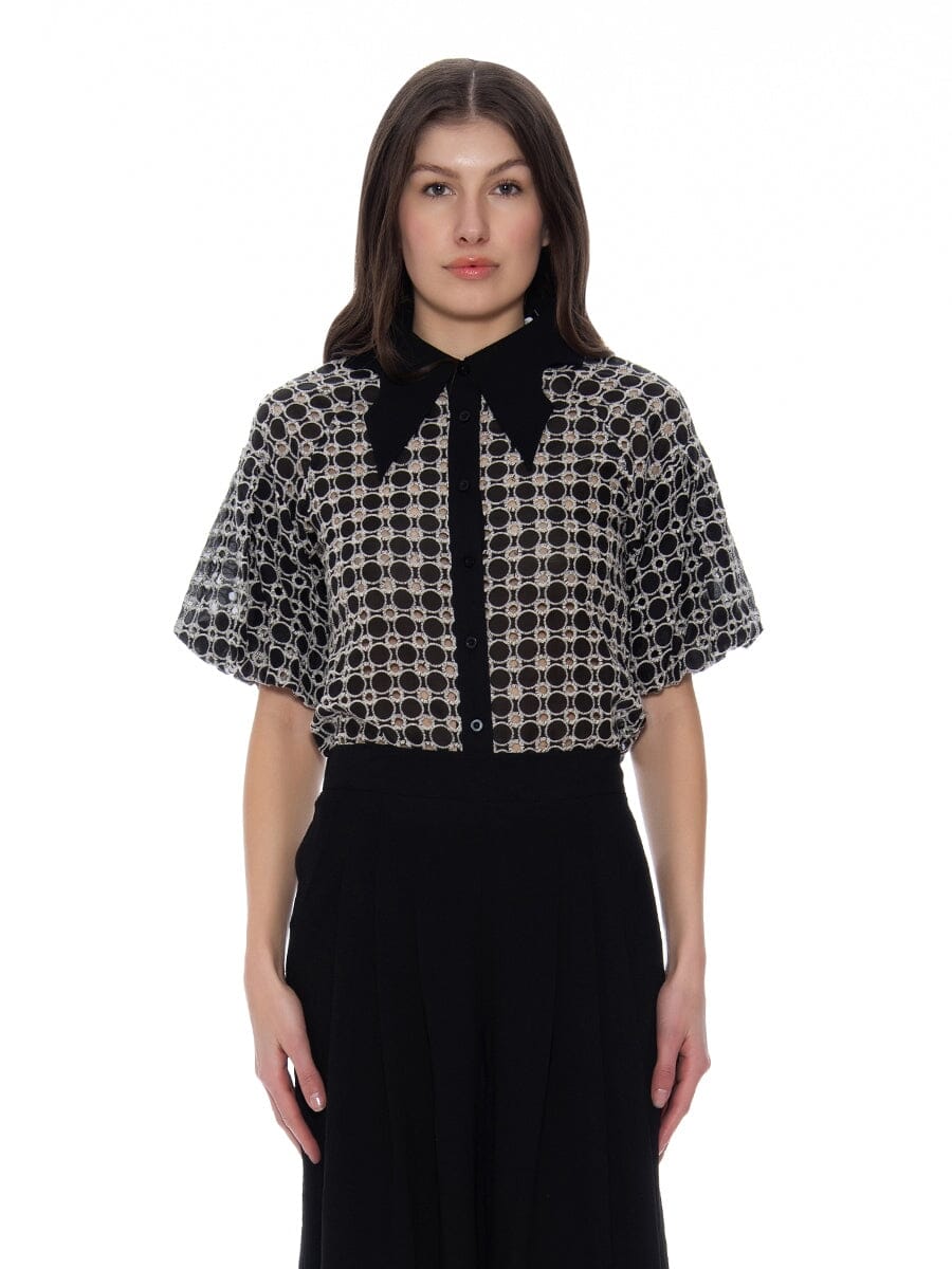 Wing Collar Circle Embroidered Puff Short Shirt TOP Gracia Fashion BLACK S 
