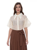 Wing Collar Circle Embroidered Puff Short Shirt TOP Gracia Fashion CREME S 