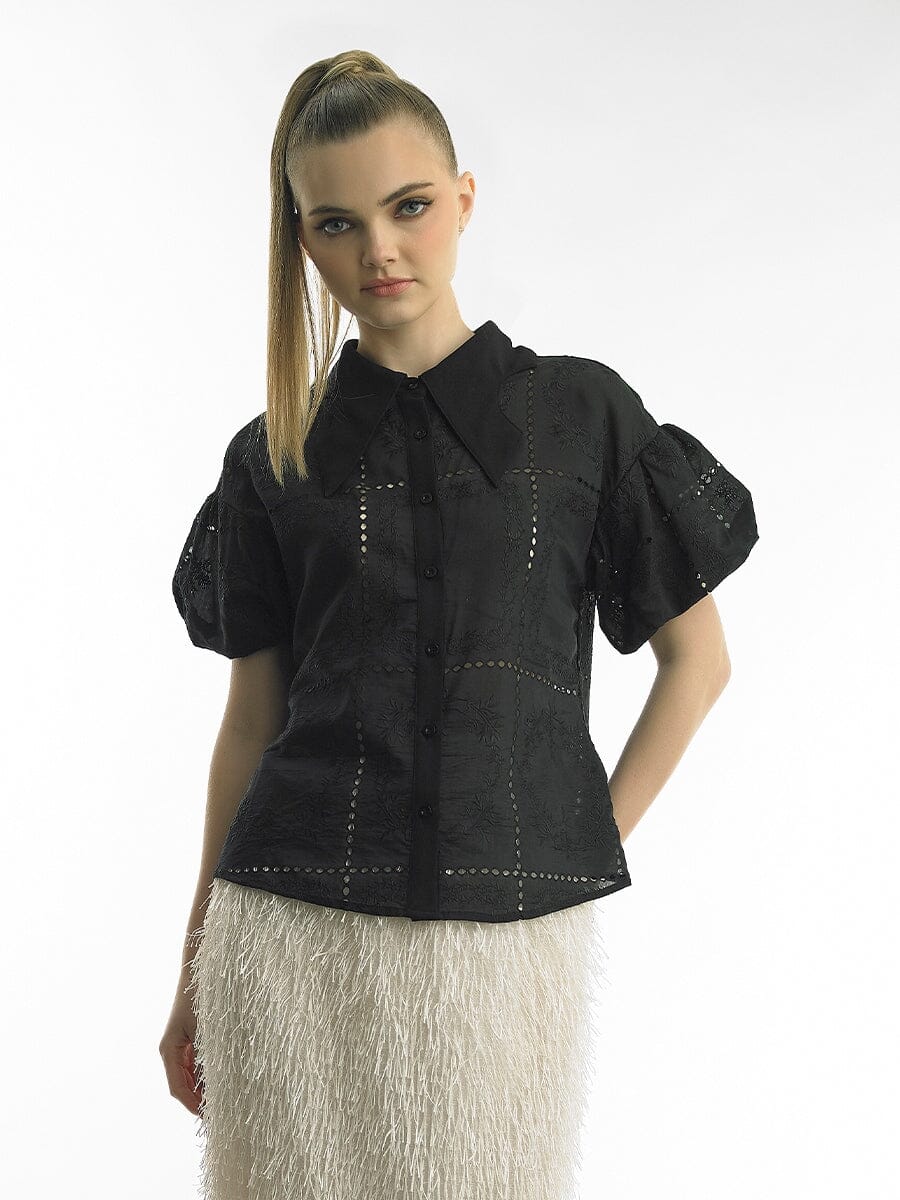 Wing Collar Puff Sleeve Embroidery Shirt TOP Gracia Fashion BLACK S 