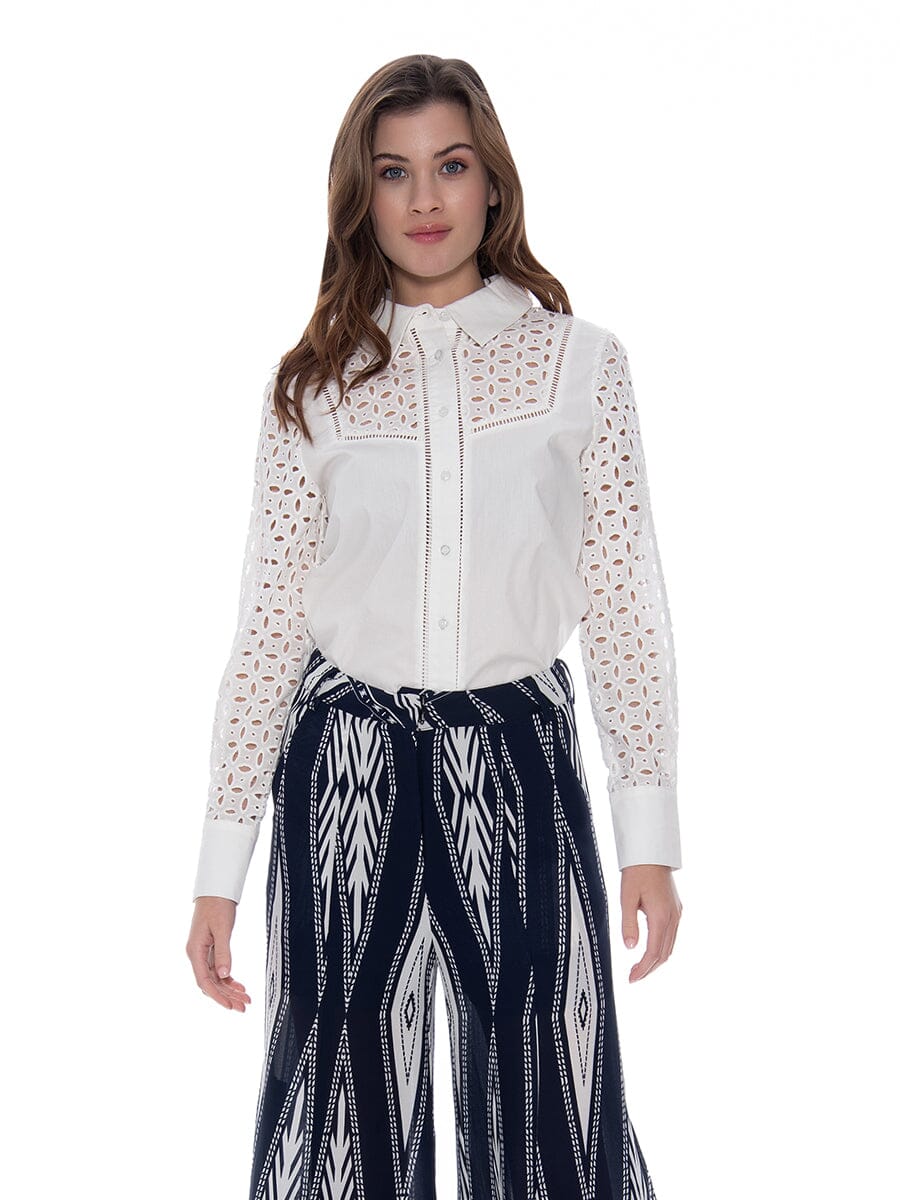Women's Puch Hole Embroidered Button-Up Shirt TOP Gracia Fashion WHITE S 