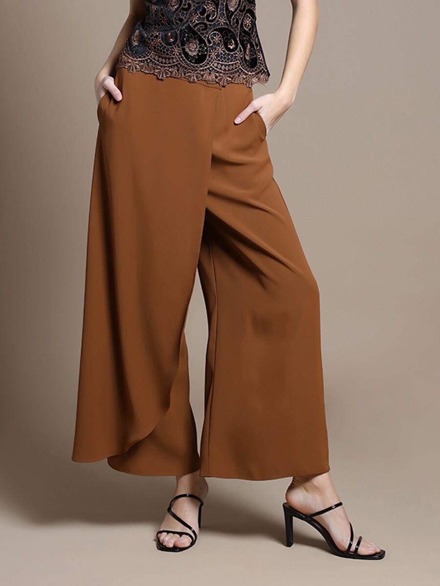 Women&#39;s Wrap Wide Leg Pants PANTS Gracia Fashion BROWN S 