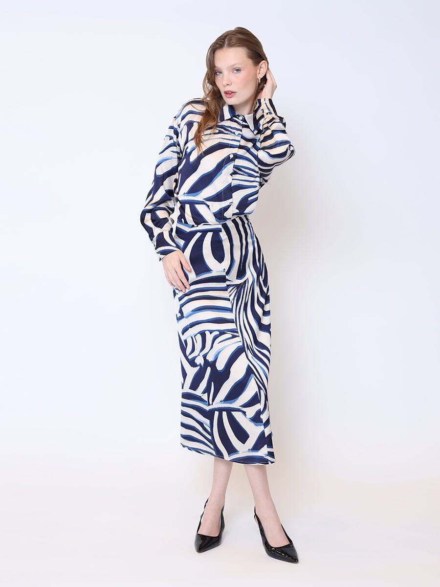Zebra Stripe Print Satin Mermaid Skirt Blue L