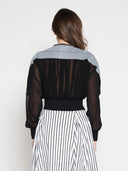 Zip-Front Crew Neck Spliced Denim Cropped Jacket JACKET Gracia Fashion 