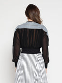 Zip-Front Crew Neck Spliced Denim Cropped Jacket JACKET Gracia Fashion 