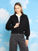 Zip up long sleeve collared jacket with pockets JACKET Gracia Fashion BLACK ONE 