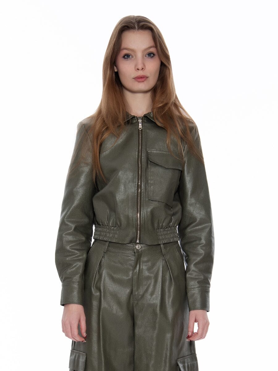 Zip-Up Long Sleeve Flap Pocket Bomber Jacket JACKET Gracia Fashion OLIVE S 