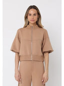 Zip-Up Split Side Puff Sleeve Jacket JACKET Gracia Fashion TAUPE S 