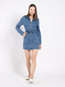 Zippered Denim Shirt Dress DRESS Gracia Fashion 