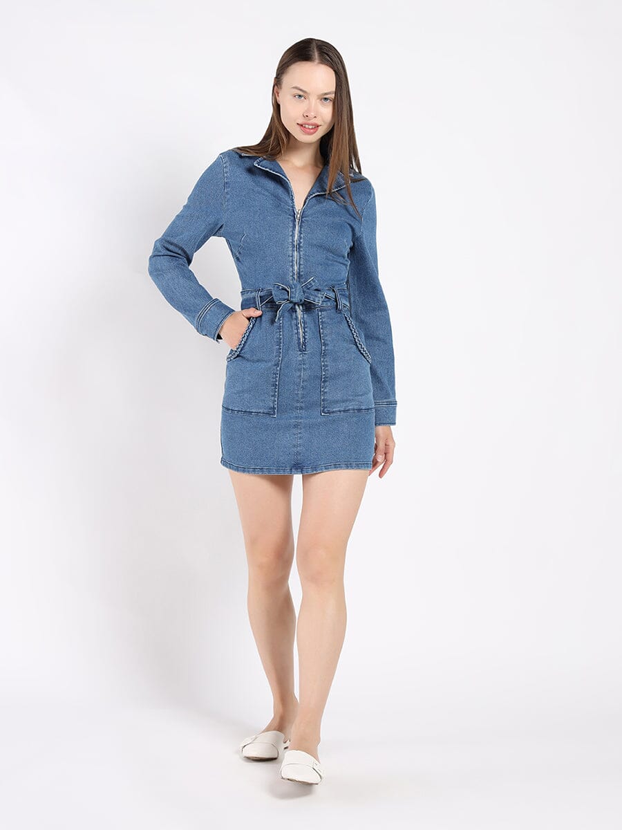 Zippered Denim Shirt Dress DRESS Gracia Fashion DENIM S 