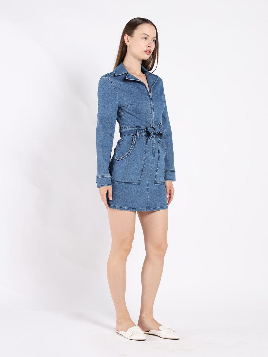 Zippered Denim Shirt Dress DRESS Gracia Fashion 