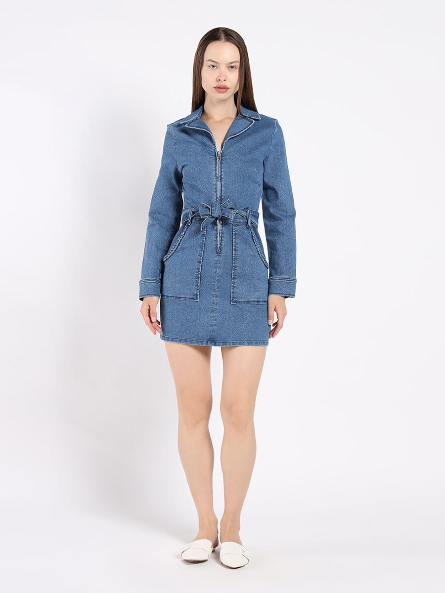 Zippered Denim Shirt Dress DRESS Gracia Fashion DENIM S 