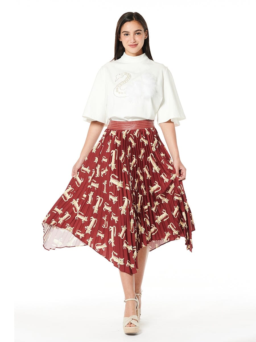 Asymmetric Printed Pleated Crepe Midi Skirt SKIRT Gracia Fashion BURGUNDY S 