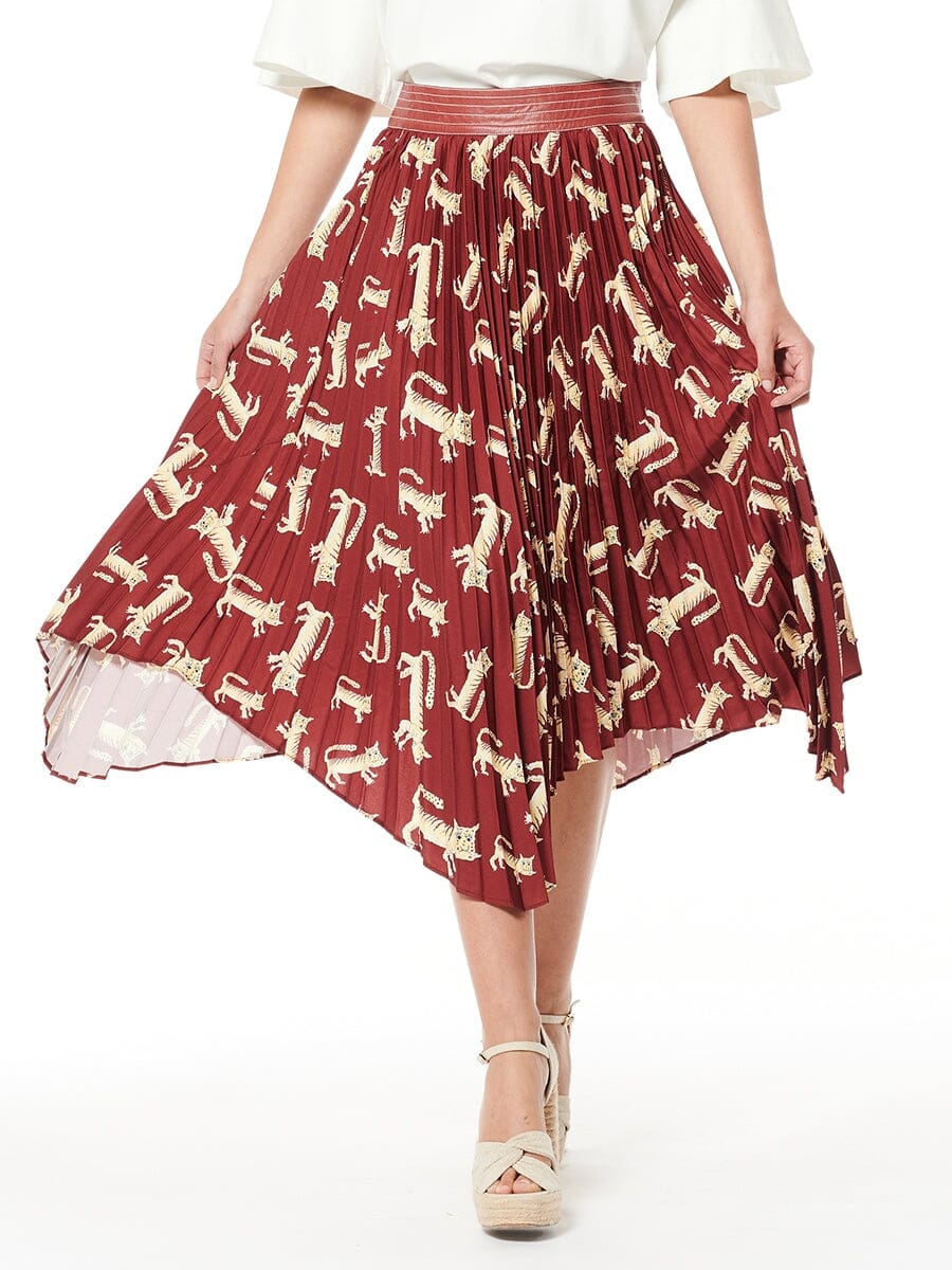 Asymmetric Printed Pleated Crepe Midi Skirt SKIRT Gracia Fashion BURGUNDY S 