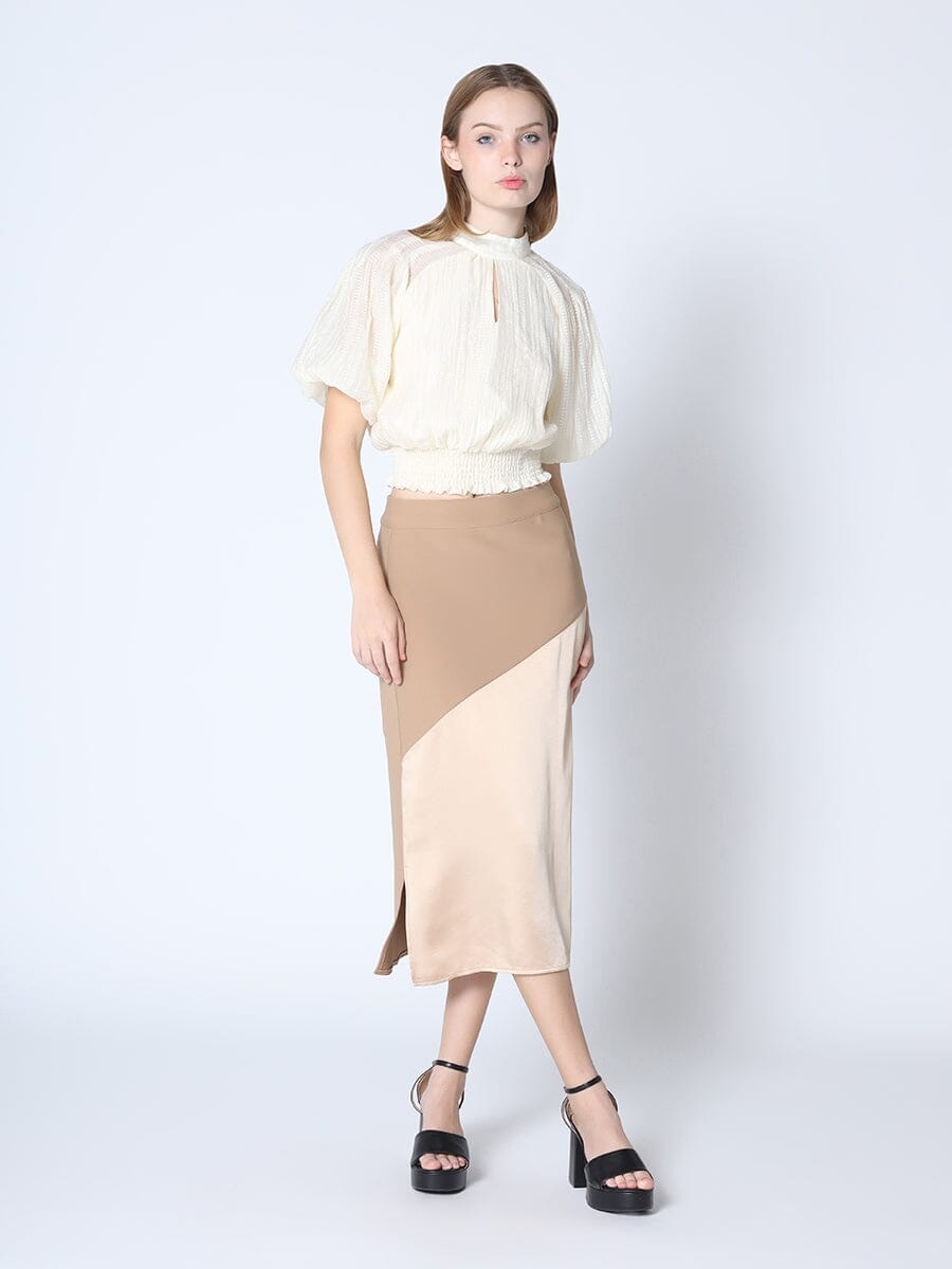 Asymmetry Satin Mixed Midi Skirt SKIRT Gracia Fashion BEIGE S 