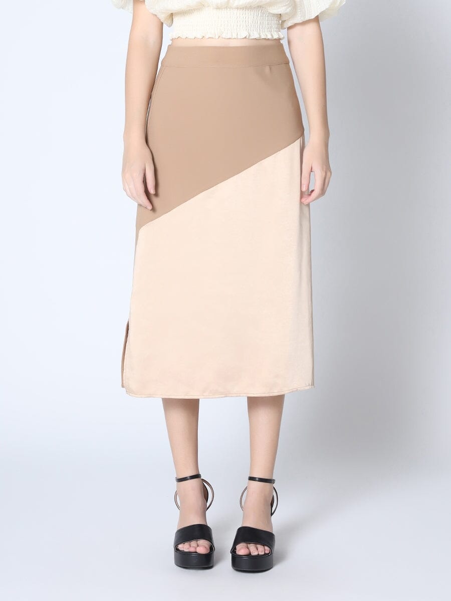 Asymmetry Satin Mixed Midi Skirt SKIRT Gracia Fashion BEIGE S 