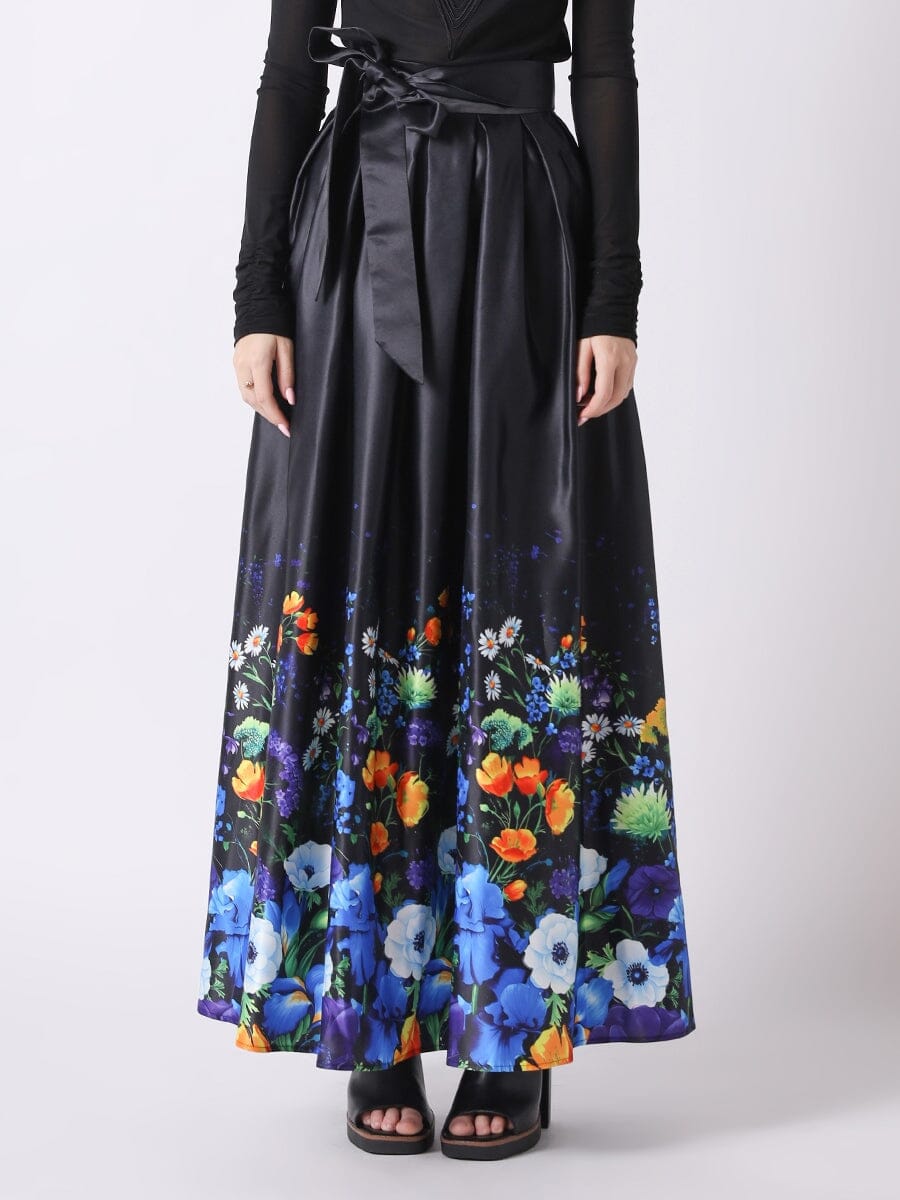 Box Pleated Flower Printed Maxi Skirt w Waist Bow SKIRT Gracia Fashion BLUE S 