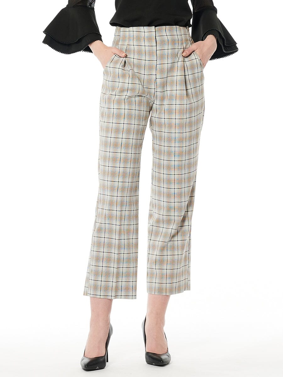 Check Pattern Straight Fit Pants PANTS Gracia Fashion BEIGE S 
