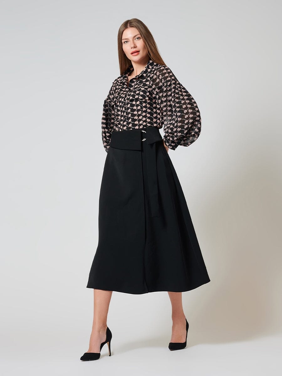 Collared Button-Down Puff Sleeve Sheer-Print Top TOP Gracia Fashion BLACK/PINK S 