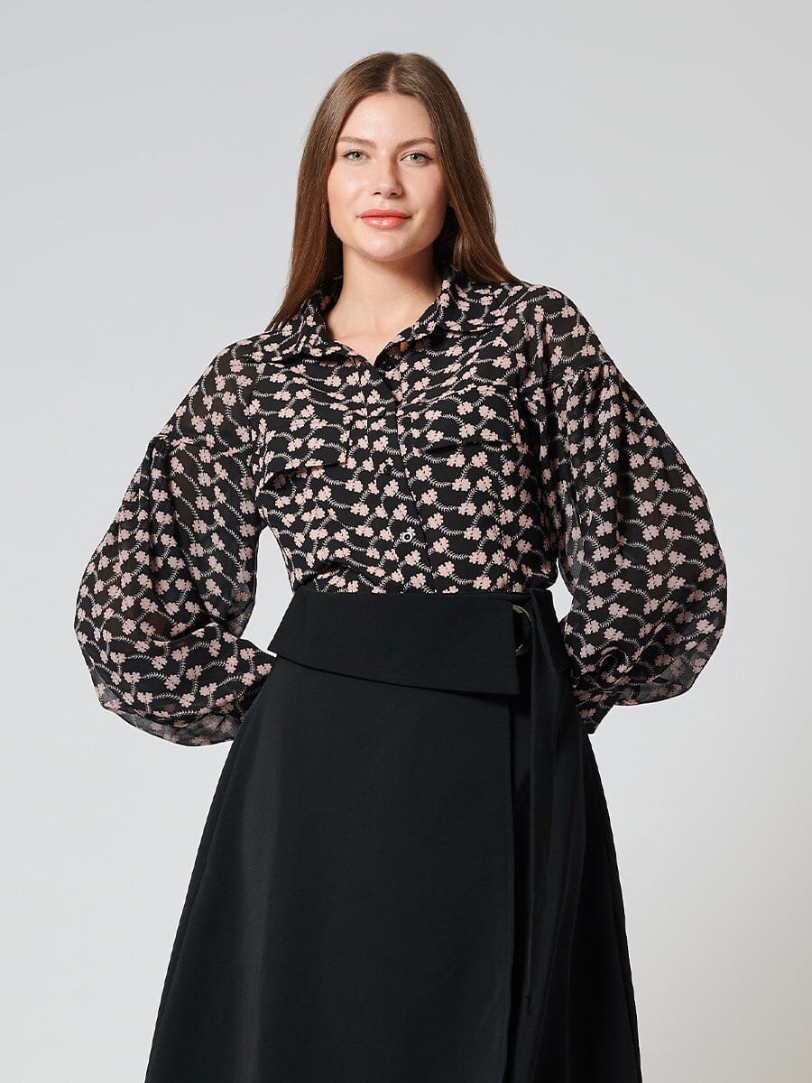 Collared Button-Down Puff Sleeve Sheer-Print Top TOP Gracia Fashion BLACK/PINK S 