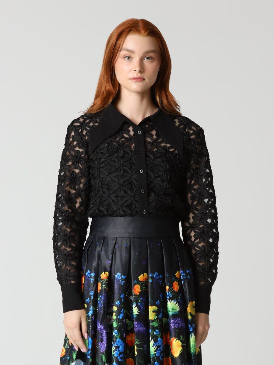 Criss-Cross Flower Pattern Sheer Big Collor Blouse TOP Gracia Fashion BLACK S 