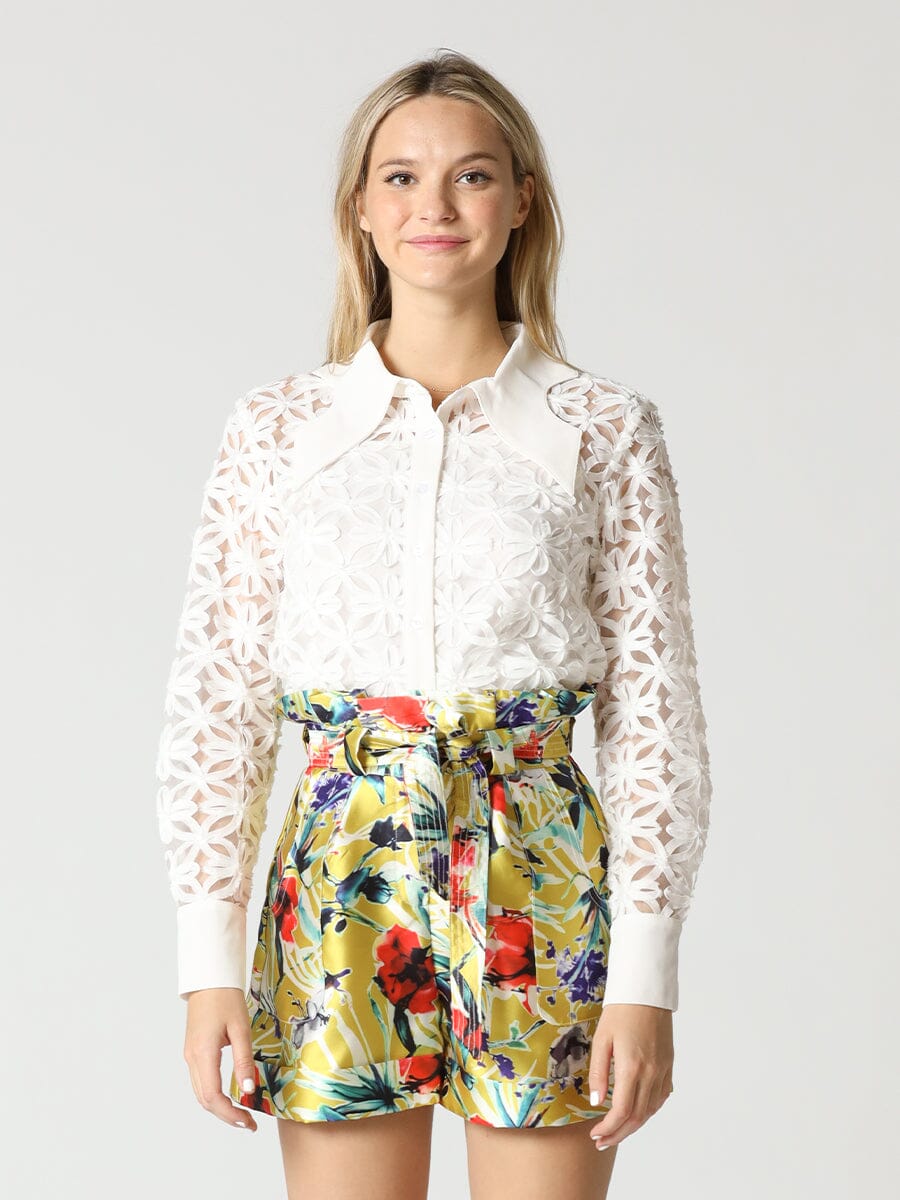 Criss-Cross Flower Pattern Sheer Big Collor Blouse - Gracia Criss-Cross Flower Pattern Sheer Big Collor Blouse - Gracia