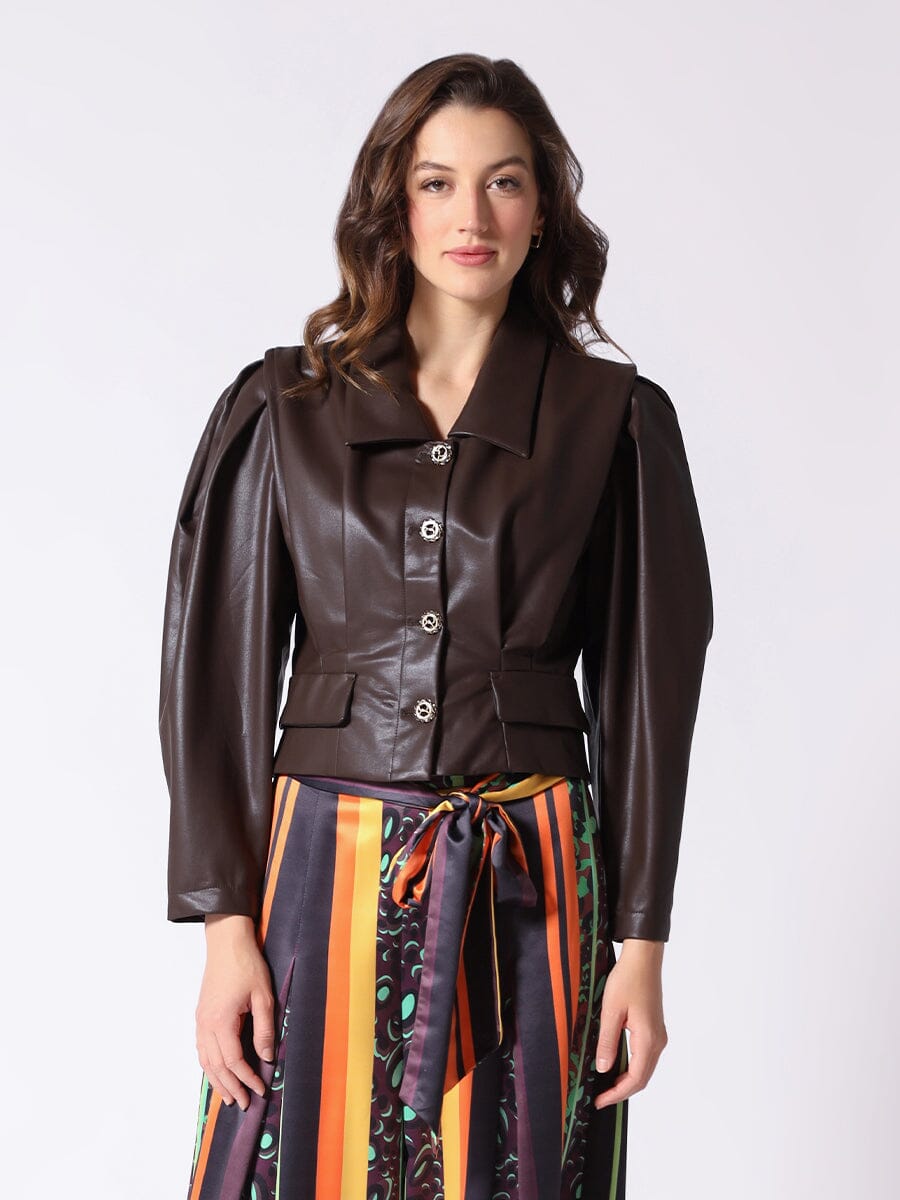 Embellished Button-Down Cropped Pleather Jacket JACKET Gracia Fashion 