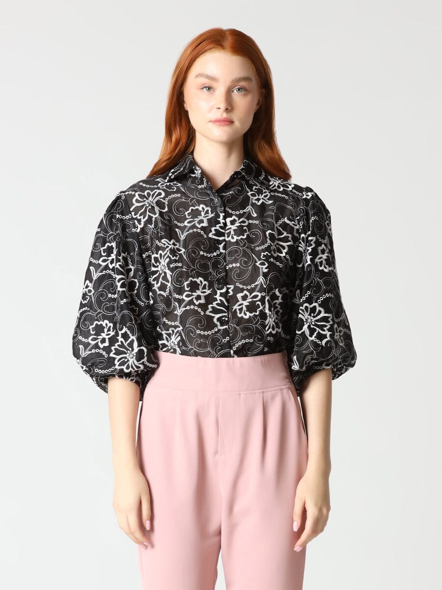 Embroidery 3/4 Sleeve Blouse TOP Gracia Fashion BLACK S 