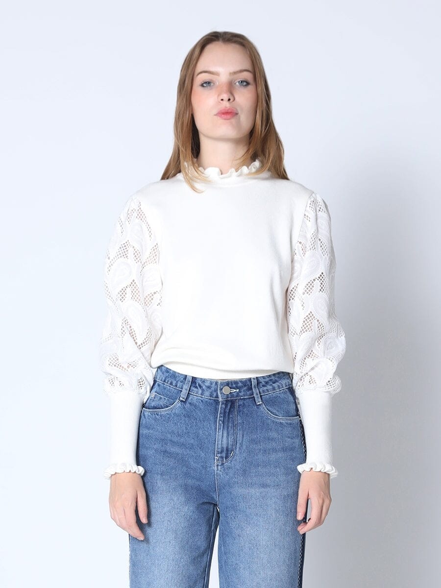 Embroidery Bishop Sleeve Knitted Top TOP Gracia Fashion WHITE S 