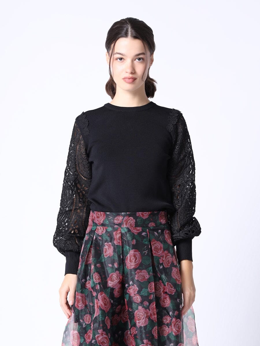 Embroidery Punched Long Sleeves Comfort Knittd Top TOP Gracia Fashion BLACK S 
