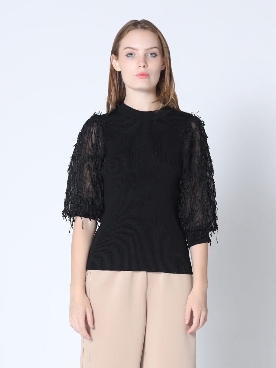 Feather Fringe Sleeve Kintted Top TOP Gracia Fashion BLACK S 
