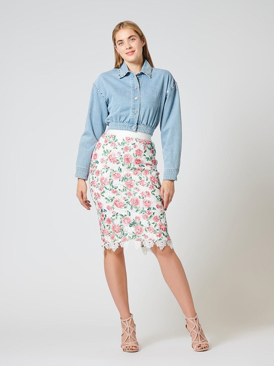 Floral-Lace Slit-Back Bodycon Midi Skirt SKIRT Gracia Fashion WHITE/PINK S 