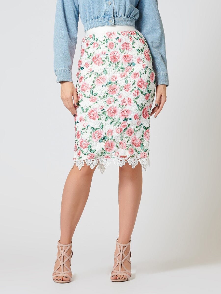 Floral-Lace Slit-Back Bodycon Midi Skirt SKIRT Gracia Fashion WHITE/PINK S 