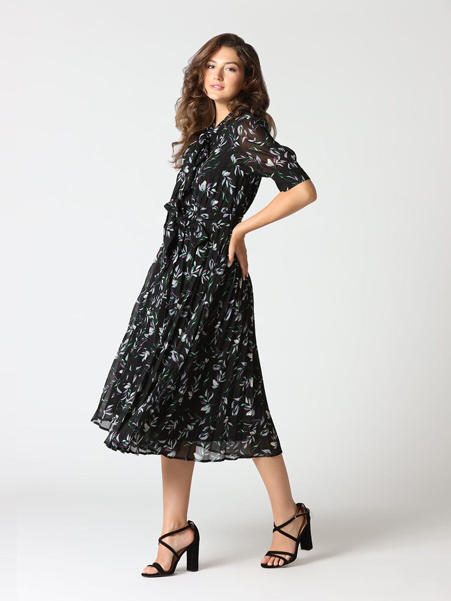 Floral Pleated Bow Neck Midi Dress DRESS Gracia Fashion BLACK S 