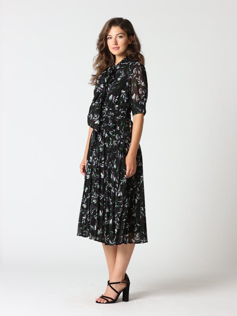 Floral Pleated Bow Neck Midi Dress DRESS Gracia Fashion 