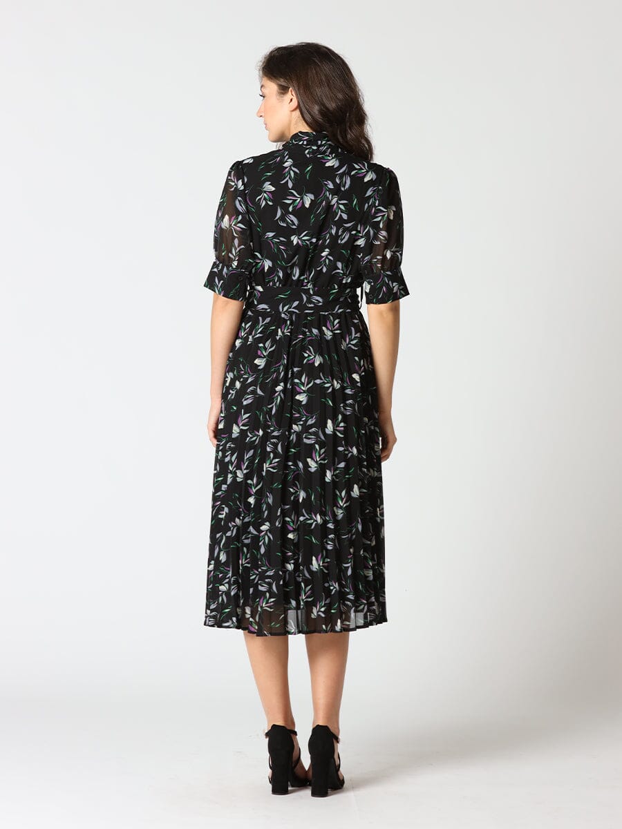Floral Pleated Bow Neck Midi Dress DRESS Gracia Fashion 