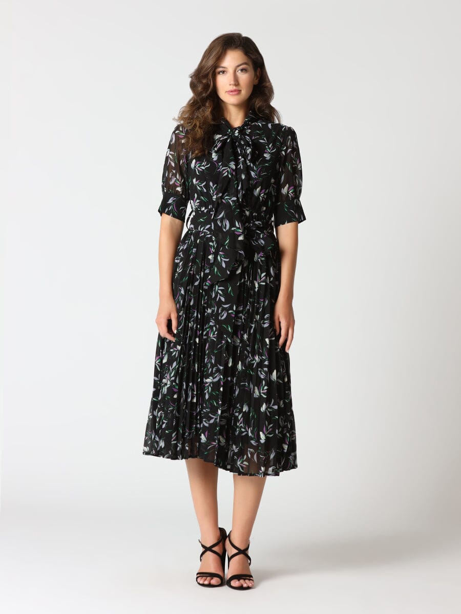 Floral Pleated Bow Neck Midi Dress DRESS Gracia Fashion BLACK S 