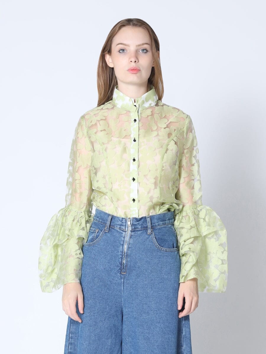 Floral printed chiffon blouse with bell sleeve TOP Gracia Fashion GREEN S 