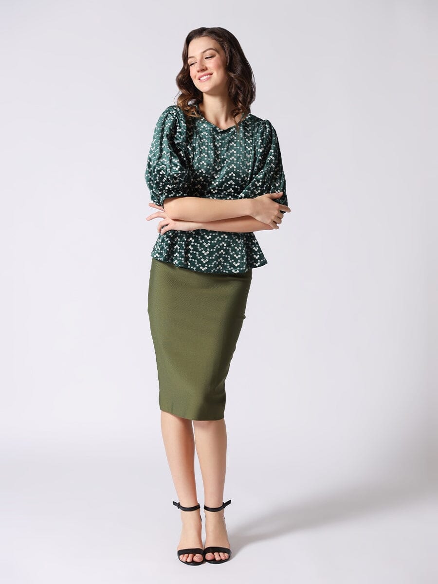 Flower Embroidered Puff Sleeve Peplum Style Blouse TOP Gracia Fashion GREEN S 