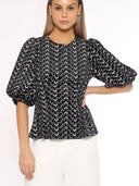 Flower Embroidered Puff Sleeve Peplum Style Blouse TOP Gracia Fashion BLACK S 